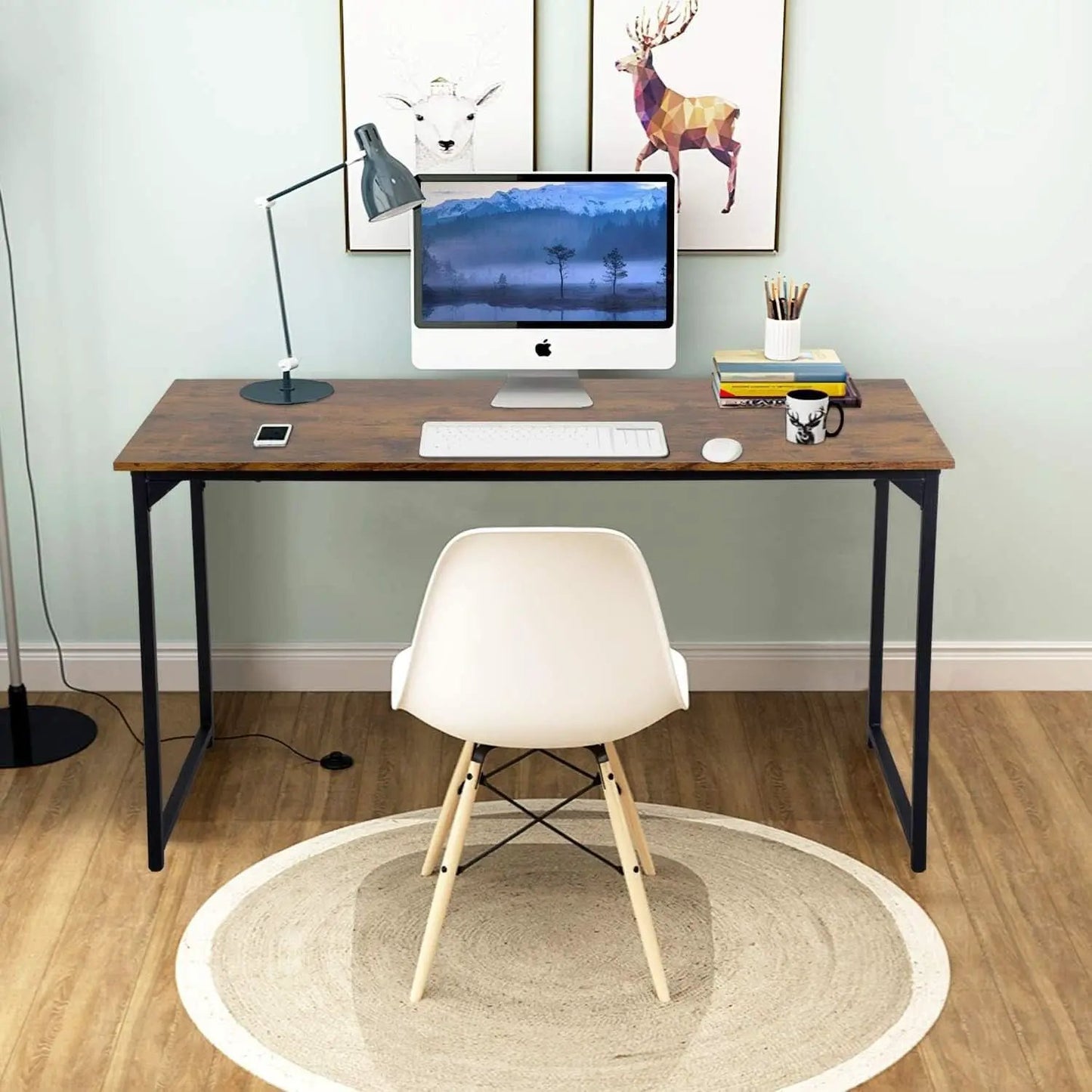 Computer Desk 47.2 Inch Brown With Metal Frame Home Office from PriceLows™