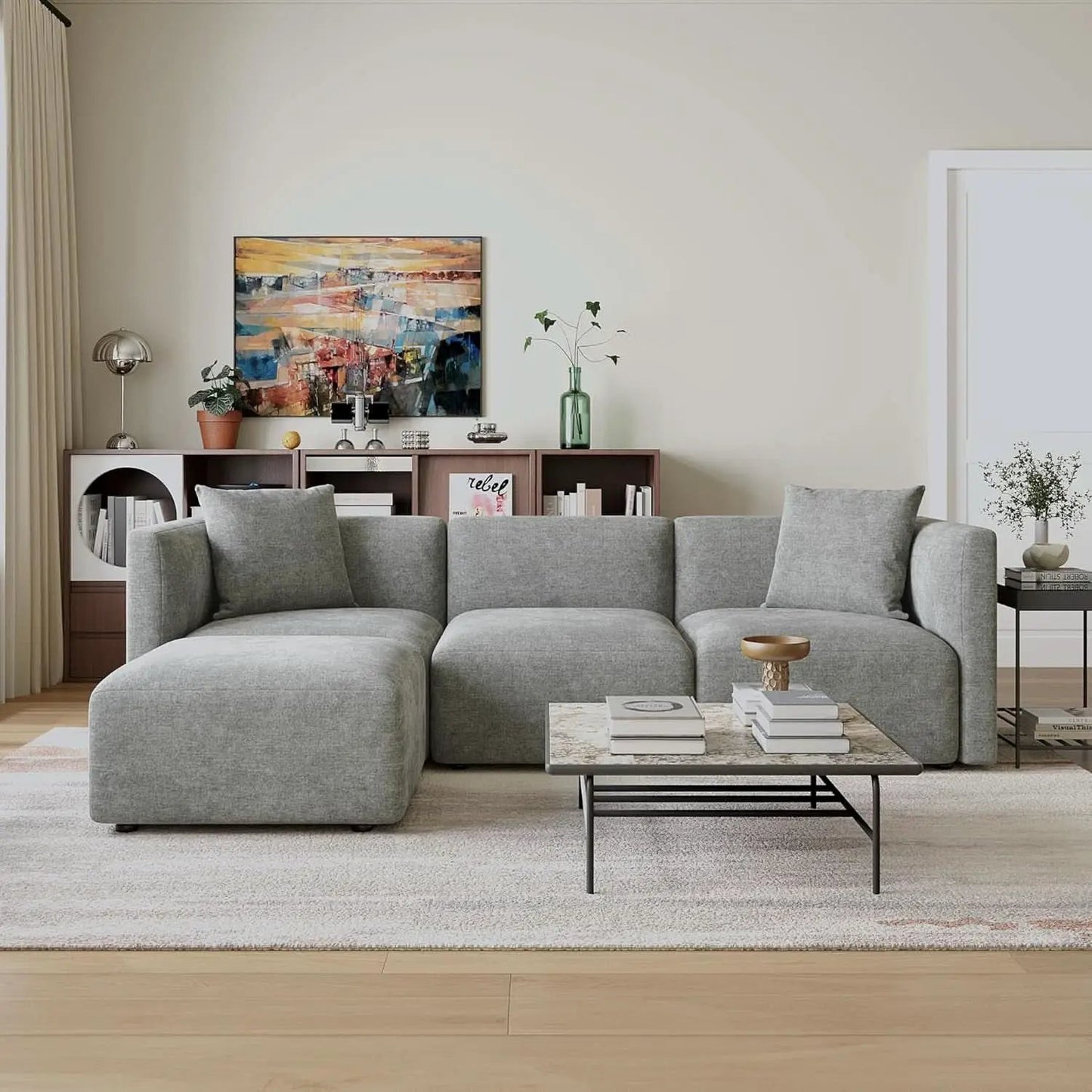 L Shaped Sectional Sofa Convertible In Linen Grey Modern from PriceLows™