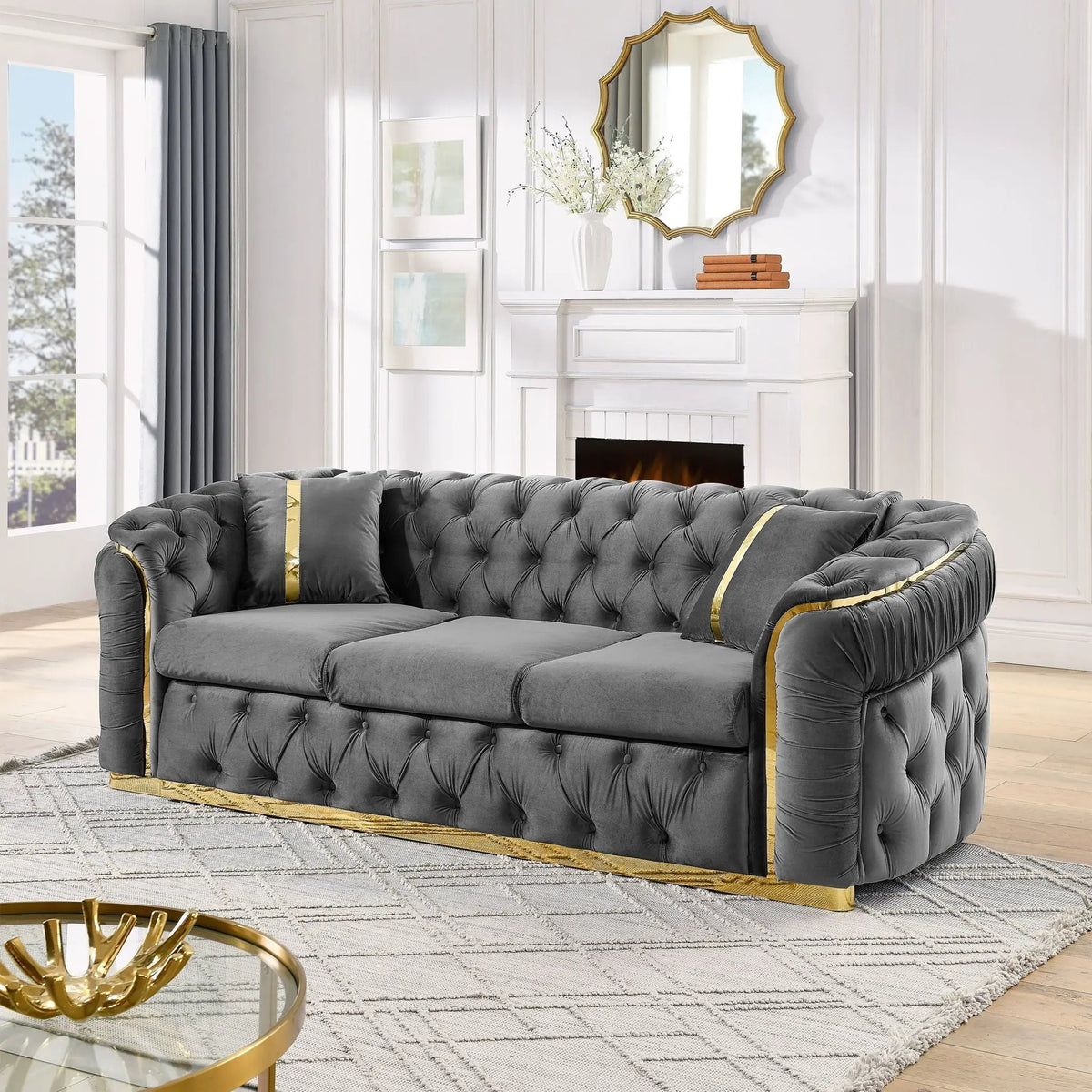 Button Tufted Chesterfield Sofa | 3 Seater | 2 Decorative Pillows | 90.6 Inch Length