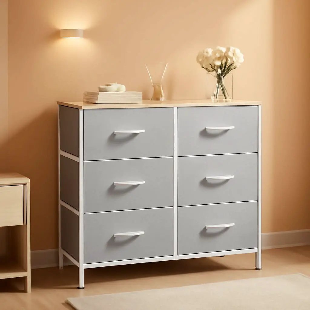 Light Grey Fabric Dresser With 6 Drawers And Fabric Bins from PriceLows™