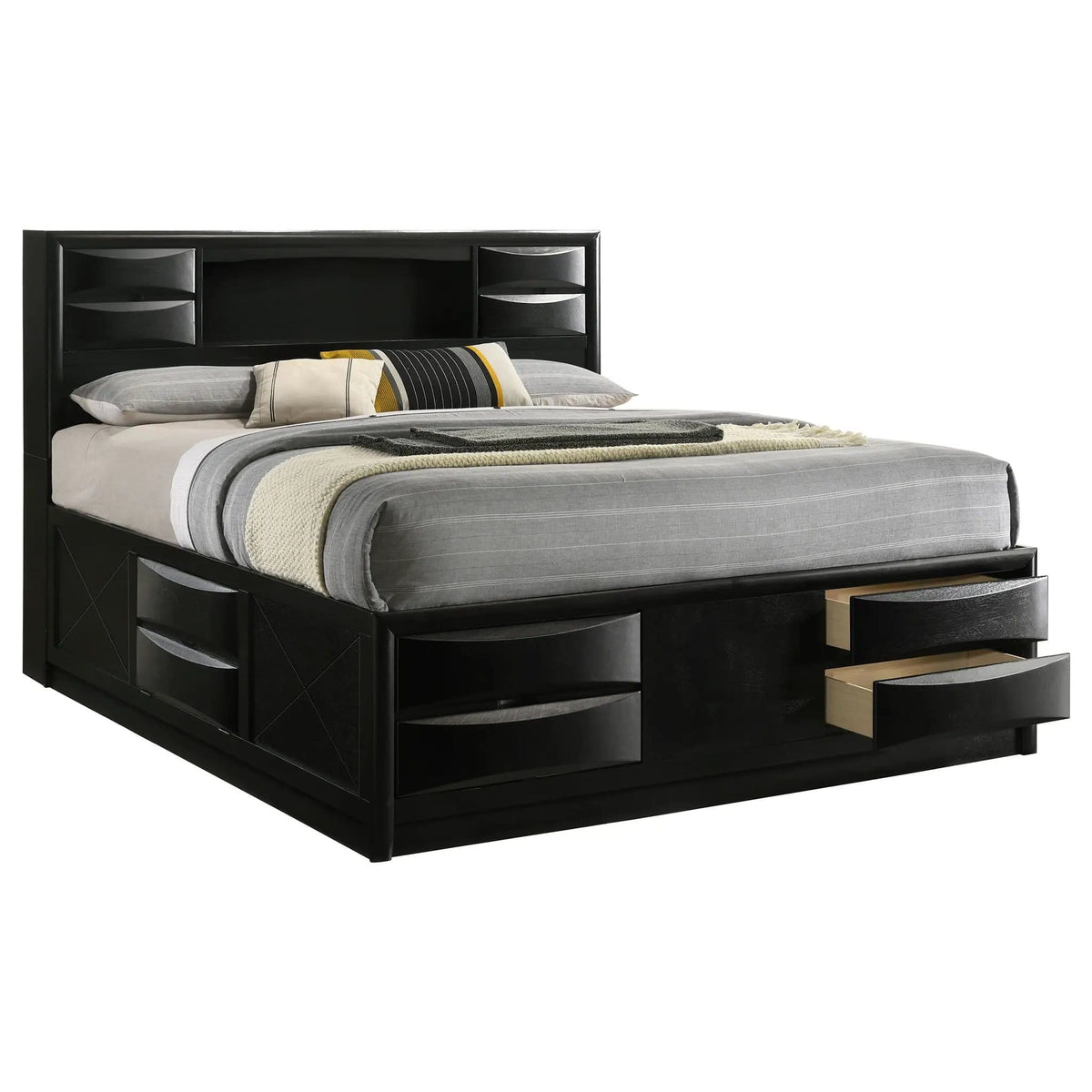 Briana Wood Eastern King Storage Bookcase Bed | 78.75 x 90.75 x 56 in | Rubberwood & Engineered Wood | Black