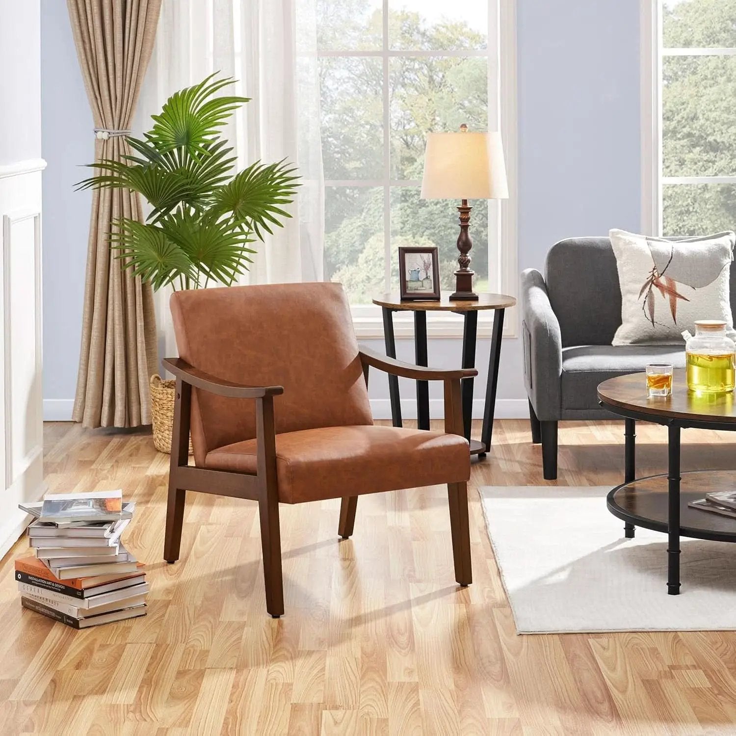 Brown PU Leather Accent Chairs Set of 2 Mid Century Modern from PriceLows™