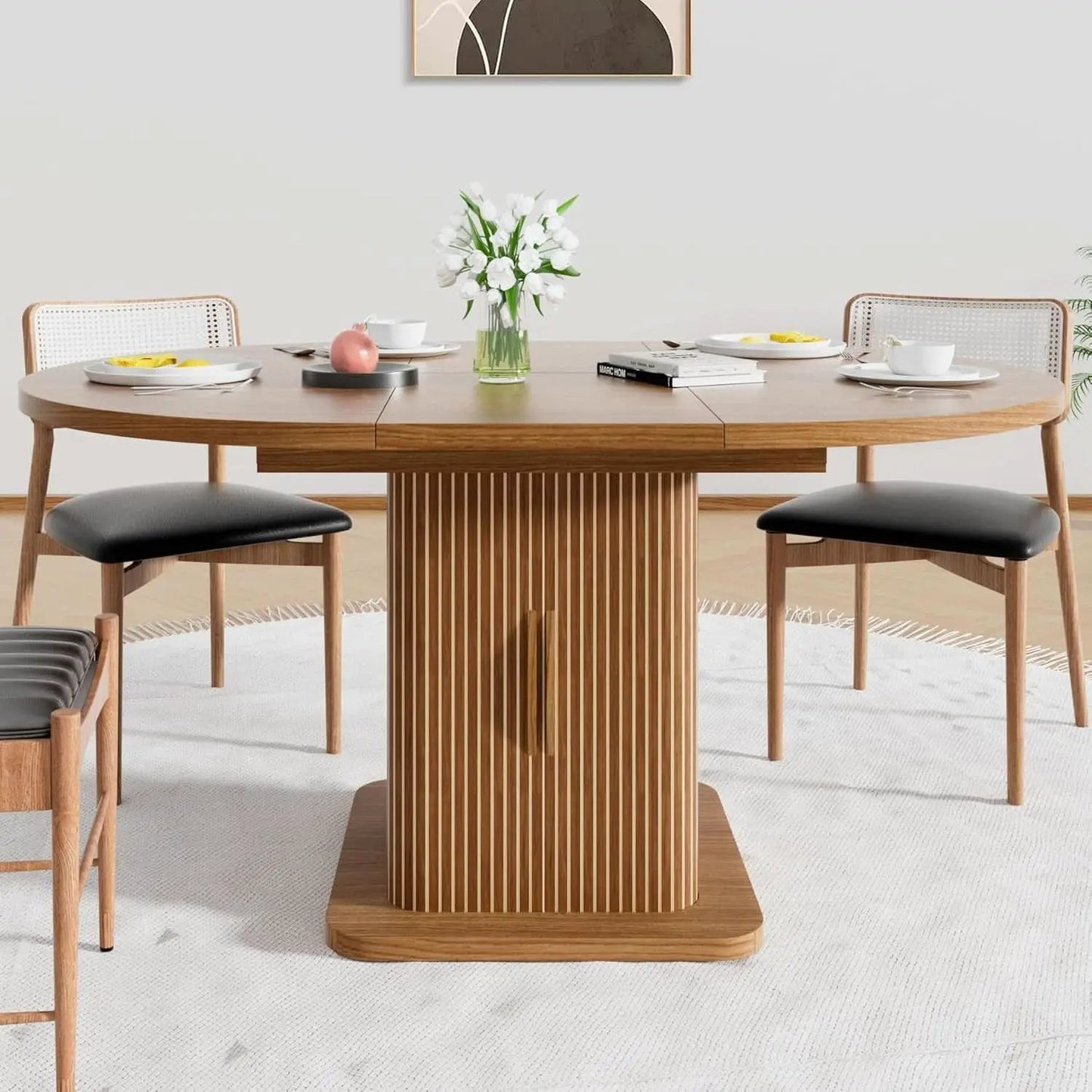 Extendable Round Dining Table 59 Inch Walnut Modern from PriceLows™