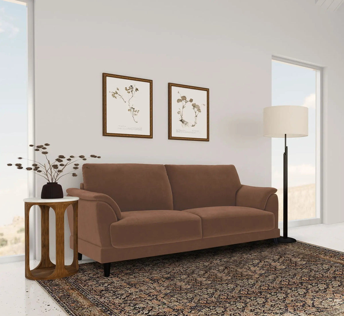 Selma Velvet Upholstered Crescent Arm Sofa Rust | 74.75 x 35.75 x 35 in | Solid Wood & Velvet | Living Room