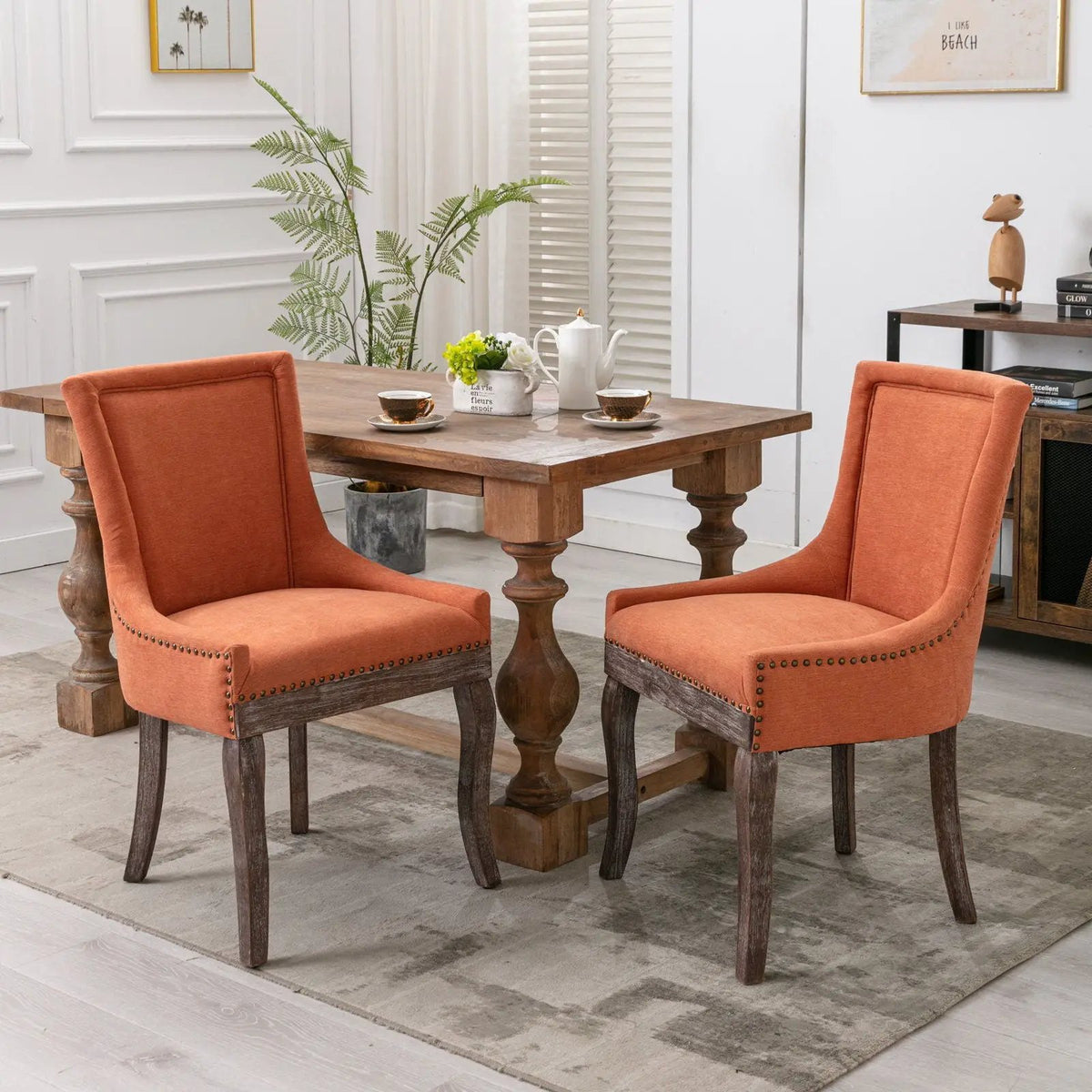 Ultra Nail Head Dining Chairs | Set Of 2 | Neutral Solid Wood Legs | Soft Fabric