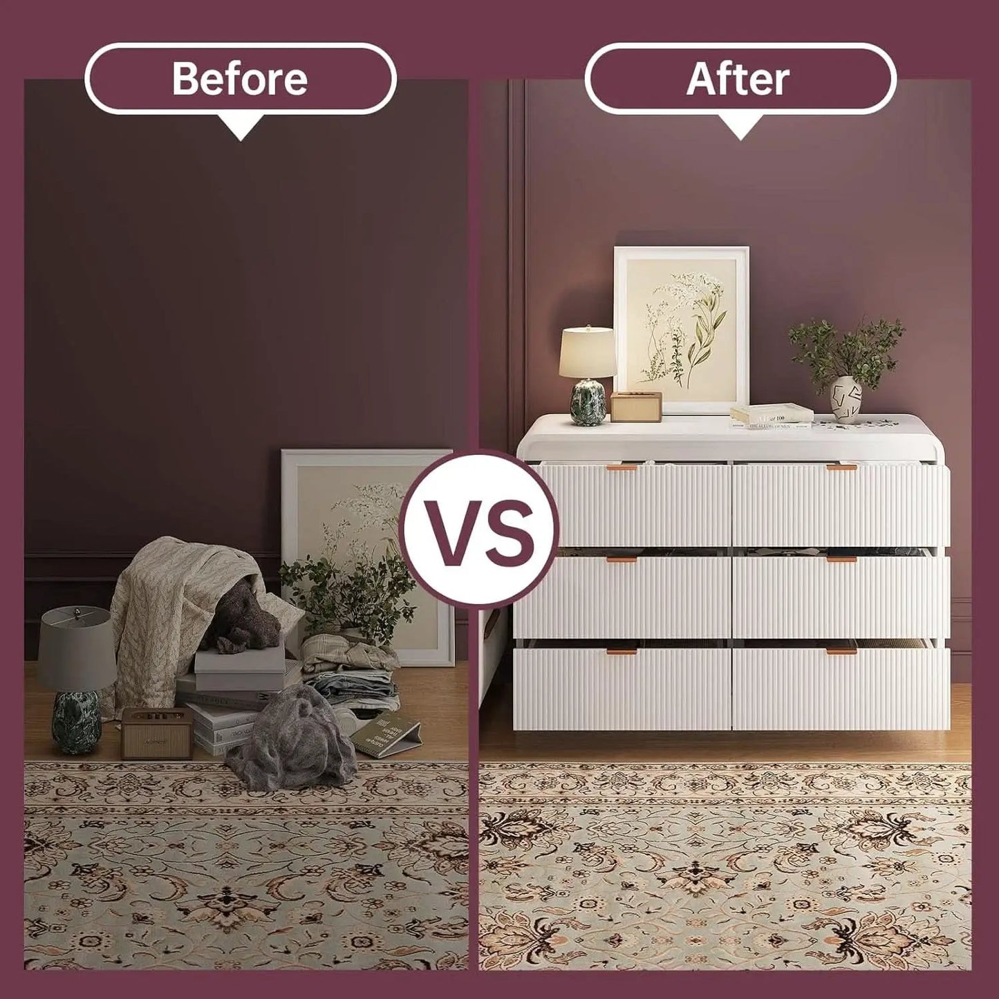 Fluted 6 Drawer Dresser 54 Inch White Solid Wood Storage from PriceLows™