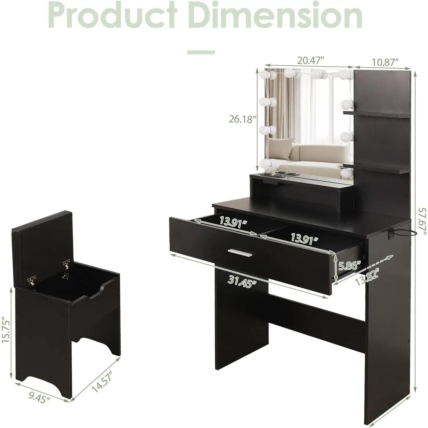 Black Makeup Vanity Table With Lighted Mirror And USB Ports from PriceLows™