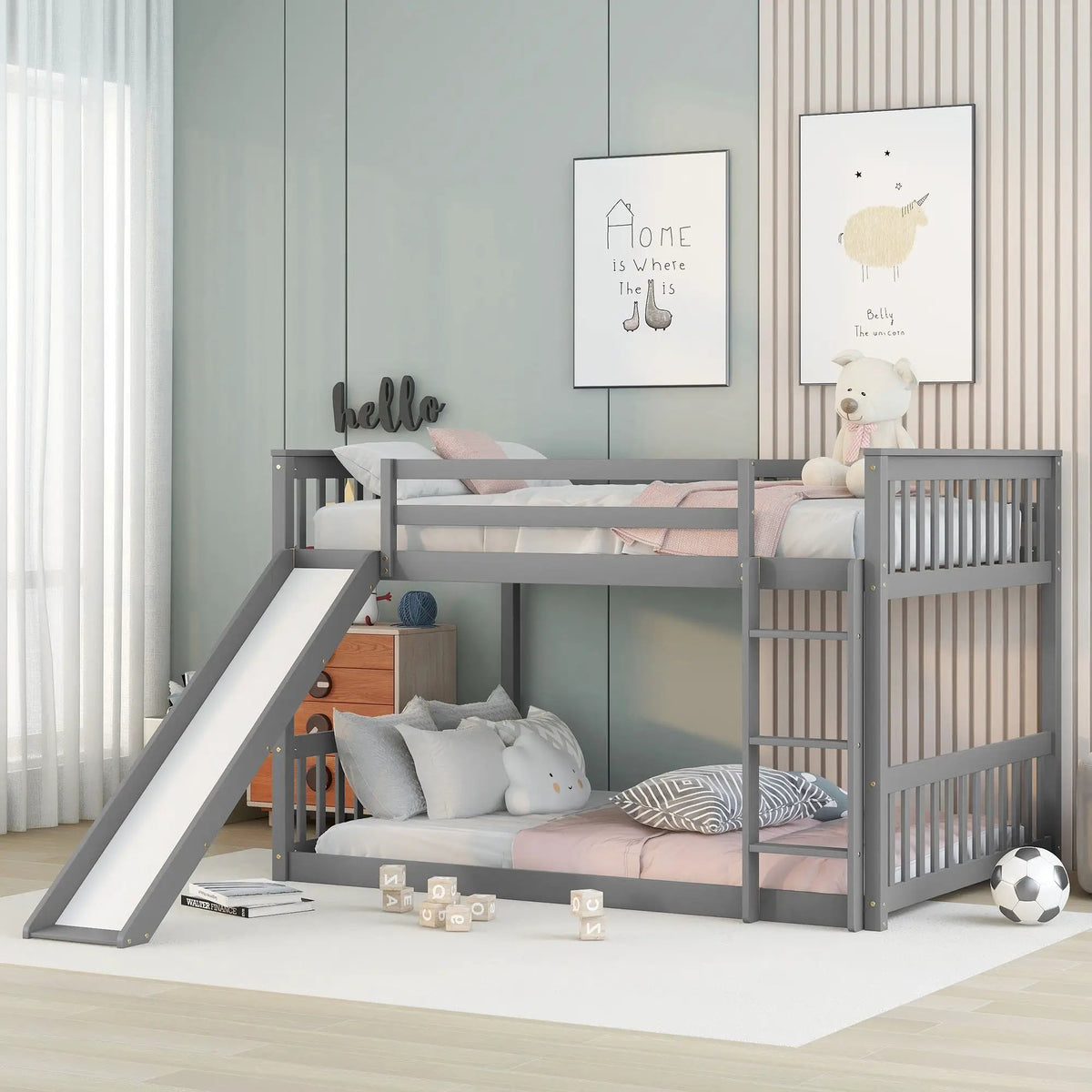Low Loft Bunk Bed | Built-In Slide And Ladder | Pinewood Frame | Modern Clean Design