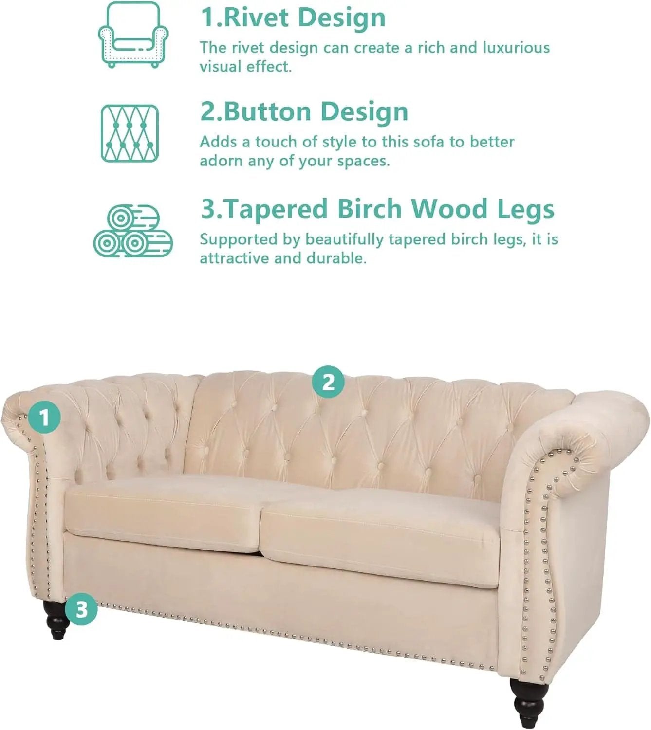 Beige Velvet 3 Piece Living Room Set With Chesterfield Sectional Sofa And Loveseat from PriceLows™