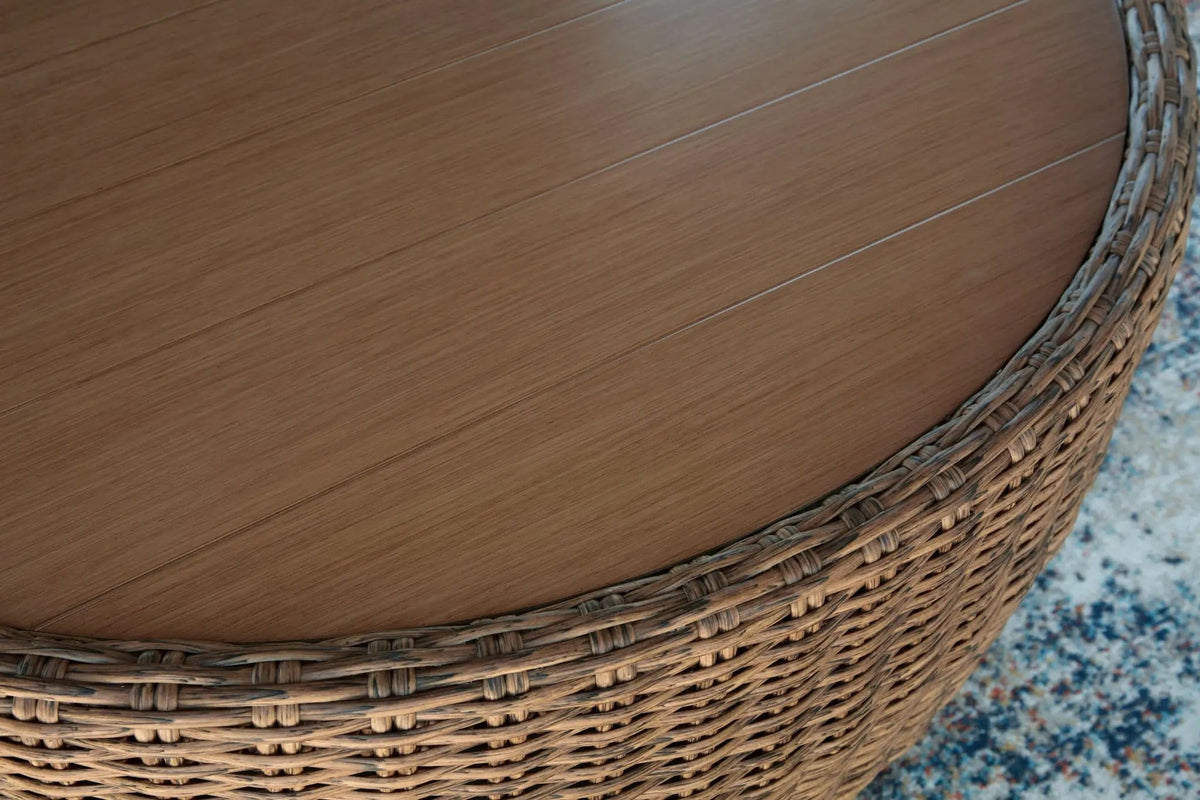 Double Point Round Cocktail Table | 36.38 x 36.38 x 17.75 in | Wicker & Stainless Steel | Beige