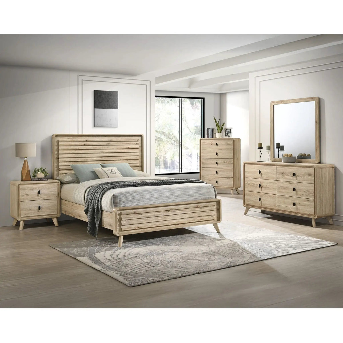 Beige 6 Drawer Dresser | Mid-Century Style | Curved Edges | Wood-Inspired Finish