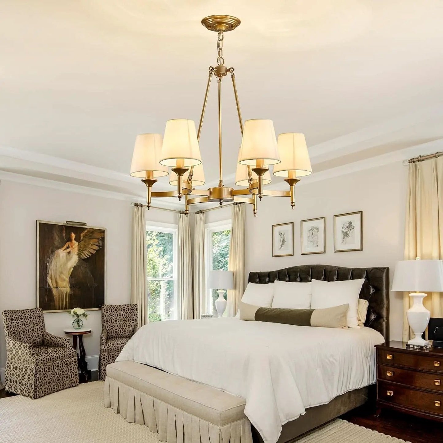 Gold Wagon Wheel Chandelier With White Linen Shade 6 Light from PriceLows™