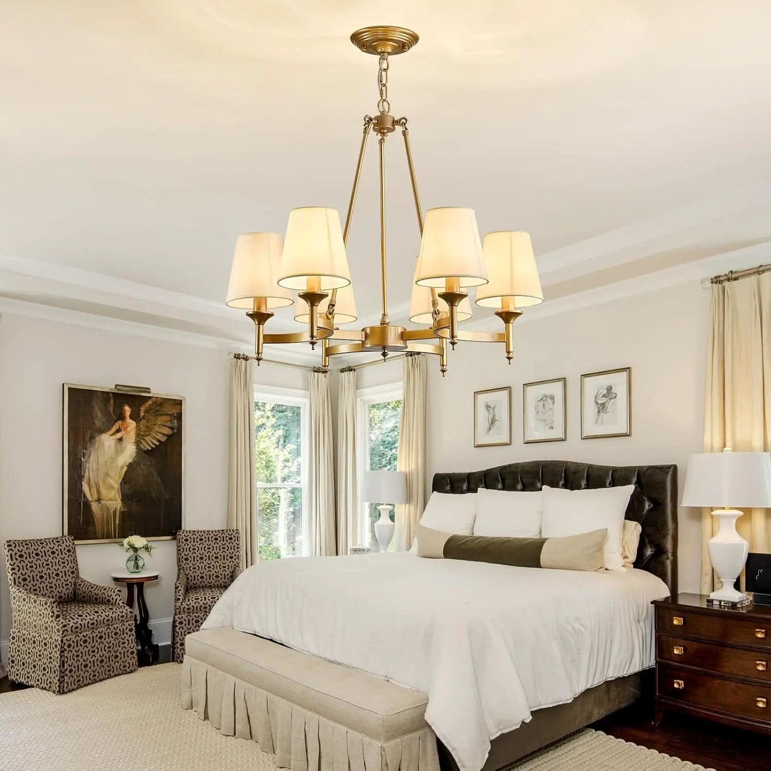Gold Wagon Wheel Chandelier With White Linen Shade 6 Light from PriceLows™