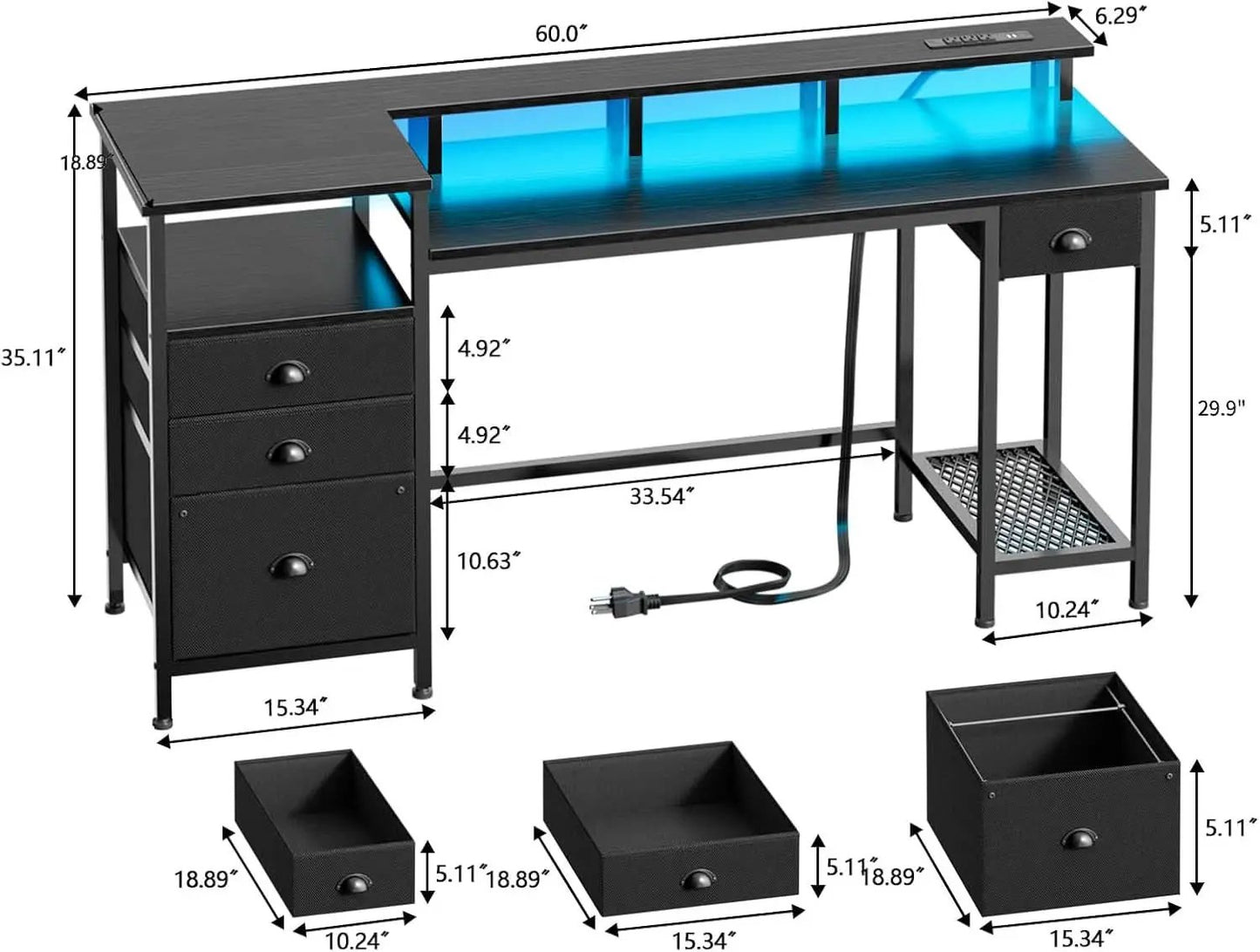 Black 60 Inch Computer Desk With 4 Drawers And Led Lights from PriceLows™