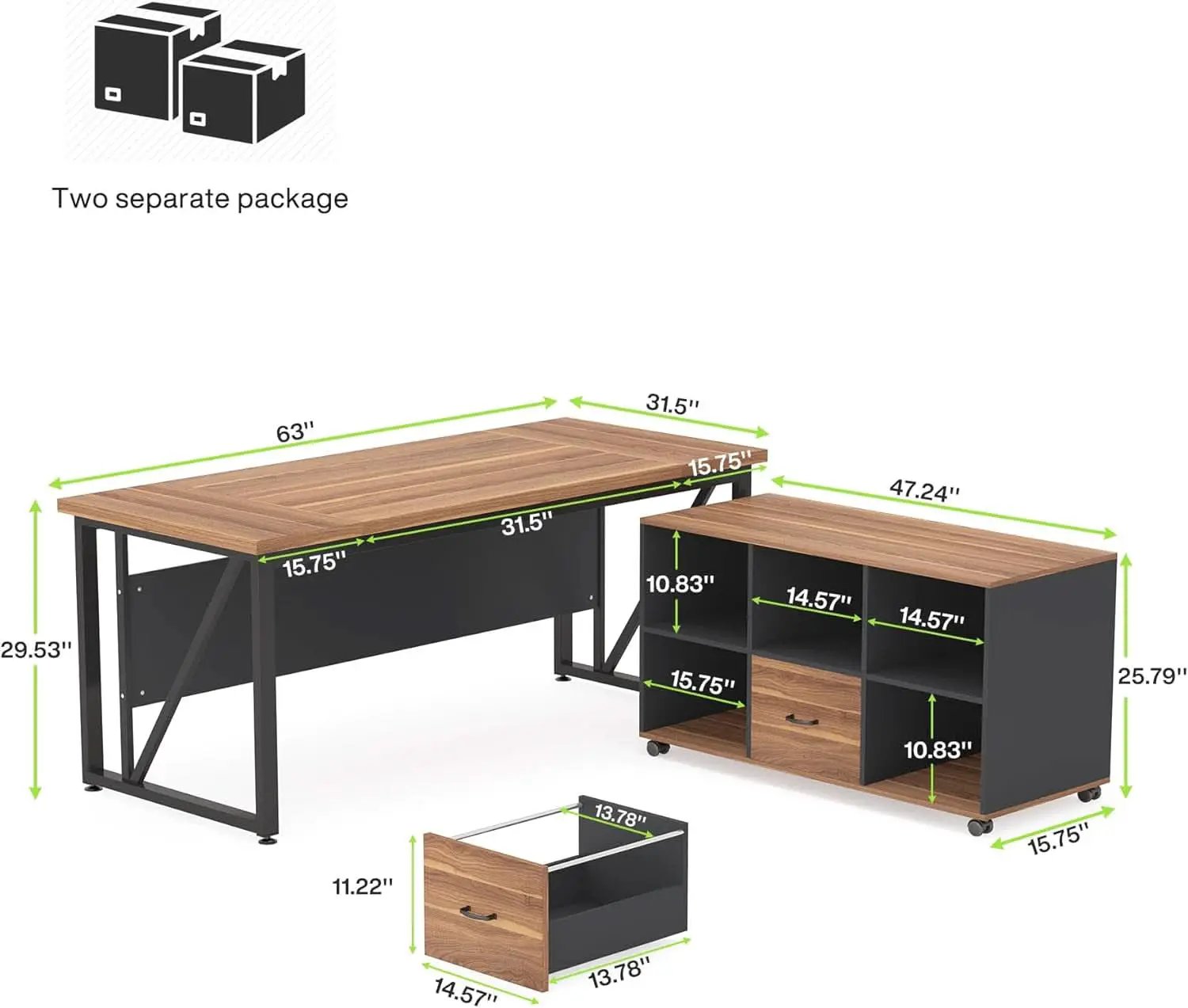 63 Inch L Shaped Desk With 47 Inch File Cabinet Brown Black from PriceLows™