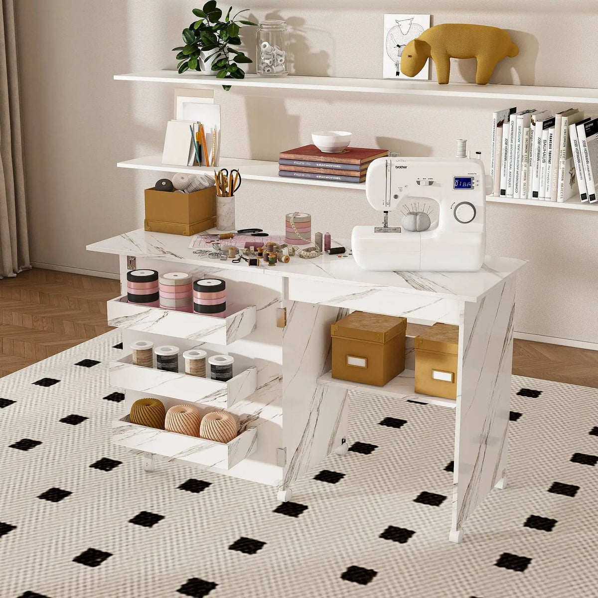 4 In 1 Folding Sewing Table With Lockable Wheels, Multi Functional Craft Station - | 45.67 x 15.75 x 30.71 in | Steel & Mdf | White