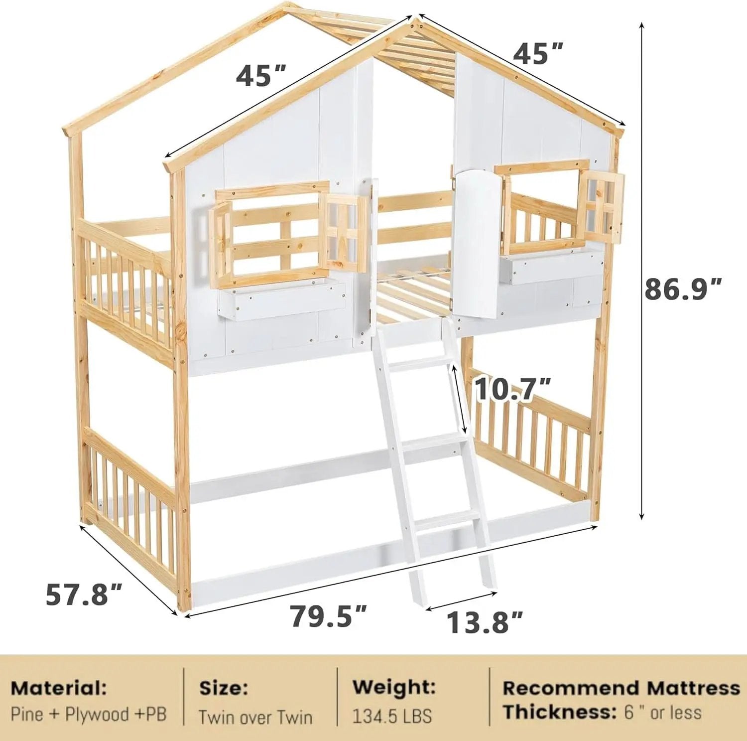 Natural Wood Twin Over Twin House Bunk Bed With Roof from PriceLows™
