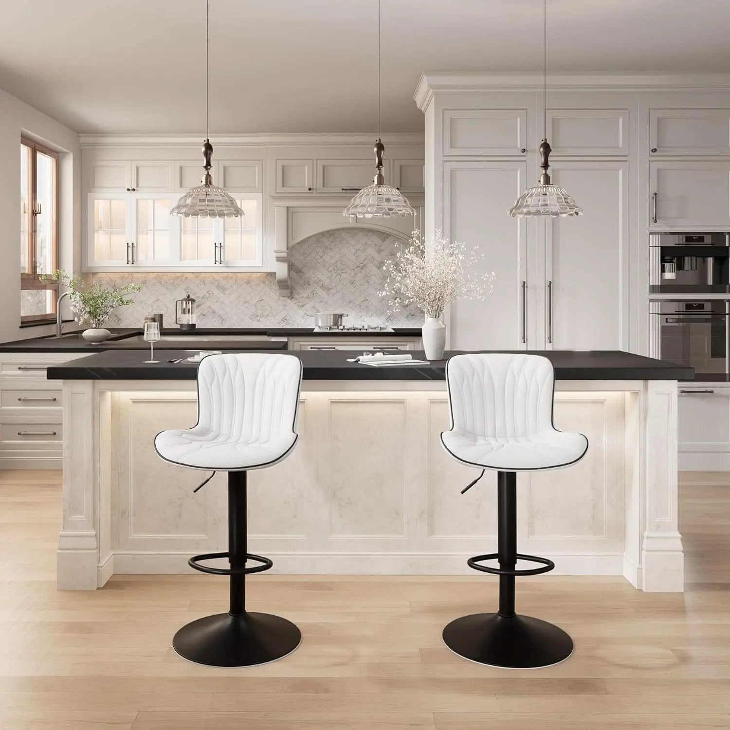 White Bar Stool Set Of 2 Counter Height Swivel With Back Faux Leather from PriceLows™