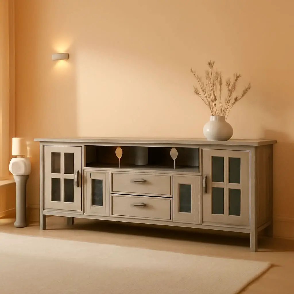 Solid Wood TV Stand 72 Inch Wide Distressed Grey Finish from PriceLows™