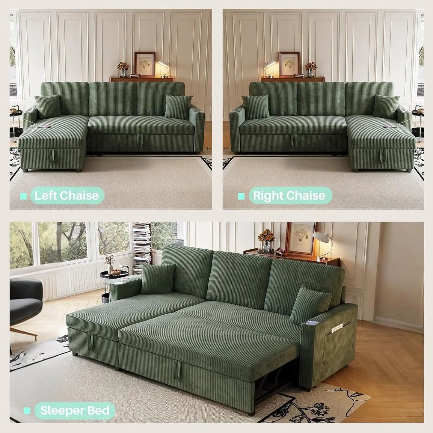 Luxurious Corduroy Green 83-Inch Sleeper Sectional Sofa from PriceLows™