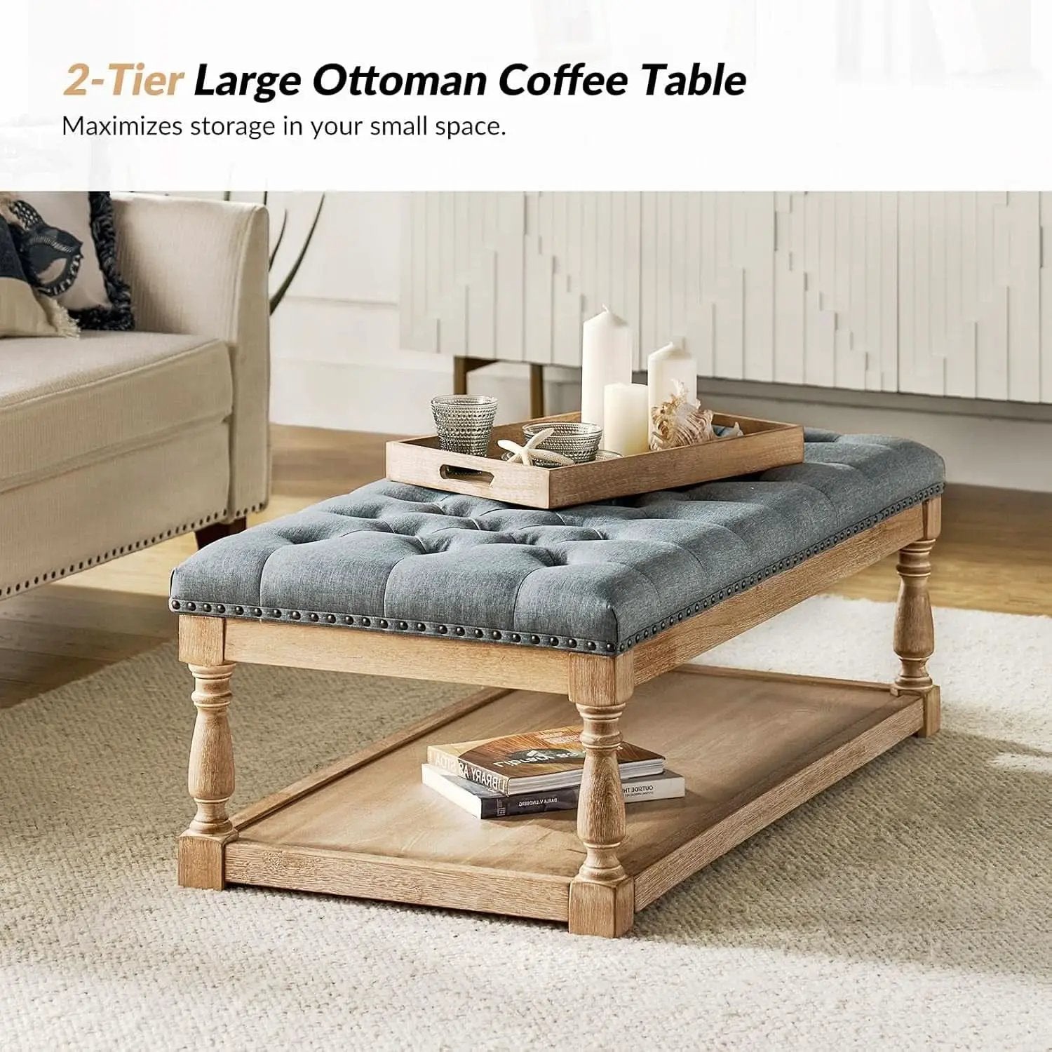 Blue Rectangular Upholstered Ottoman Coffee Table Tray from PriceLows™