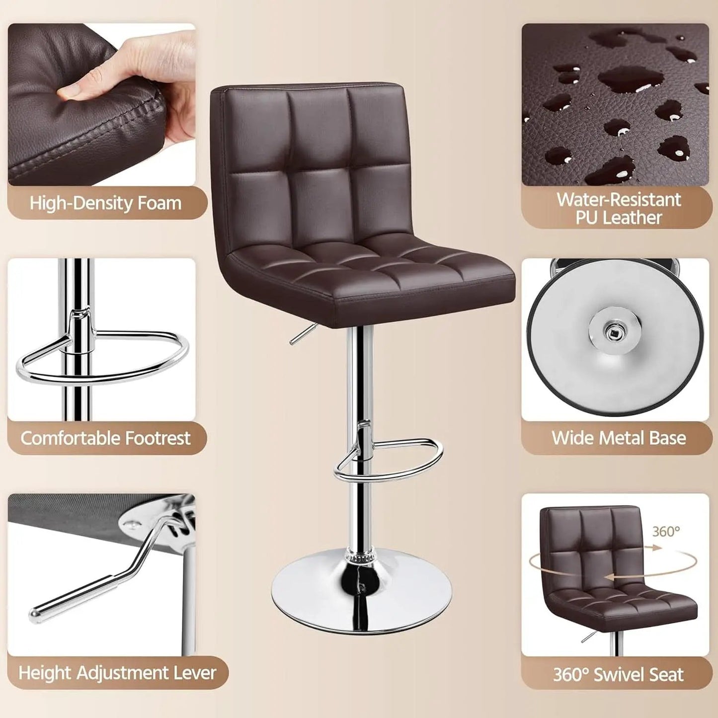 Bar Stools Set Of 2 Adjustable PU Leather Swivel Brown from PriceLows™