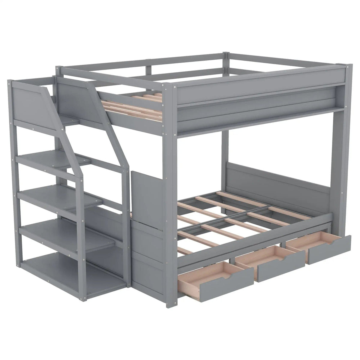 Wood Full Size Convertible Bunk Bed With Storage Staircase, Bedside Table, And 3 | 96.5 x 59.8 x 62.1 in | Pine Wood & Mdf | Gray