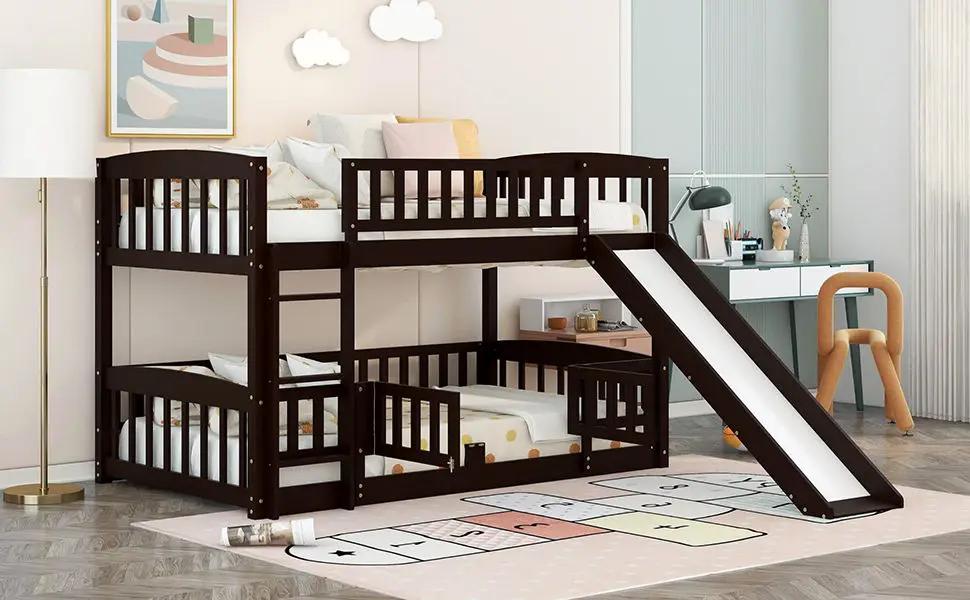 Low Bunk Bed With Slide | Fence And Ladder | Built-In Play Area | Kids Bedroom
