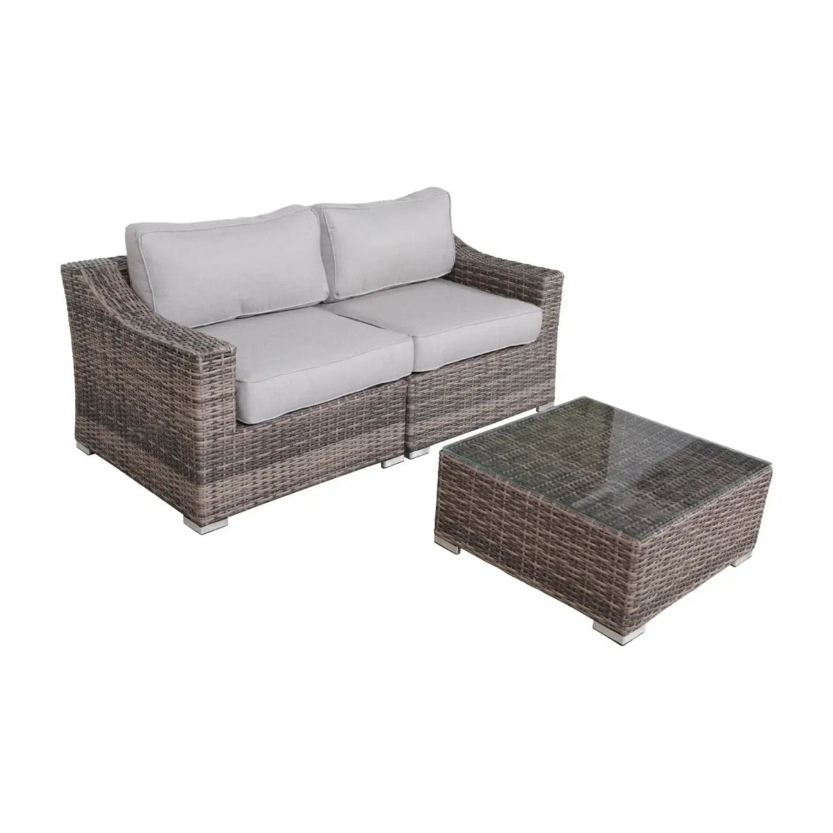 Outdoor Wicker Conversation Set | All-Weather Resin | Tempered Glass Table | 5 Inch Cushions