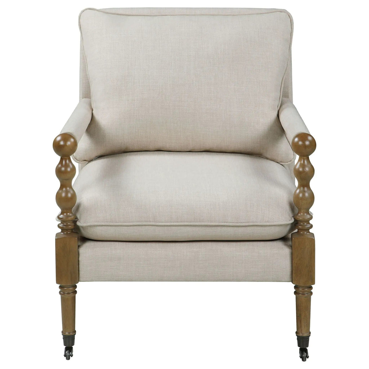Dempsy Upholstered Accent Chair with Casters | 26.5 x 31 x 35.5 in | Rubberwood & Linen | Beige