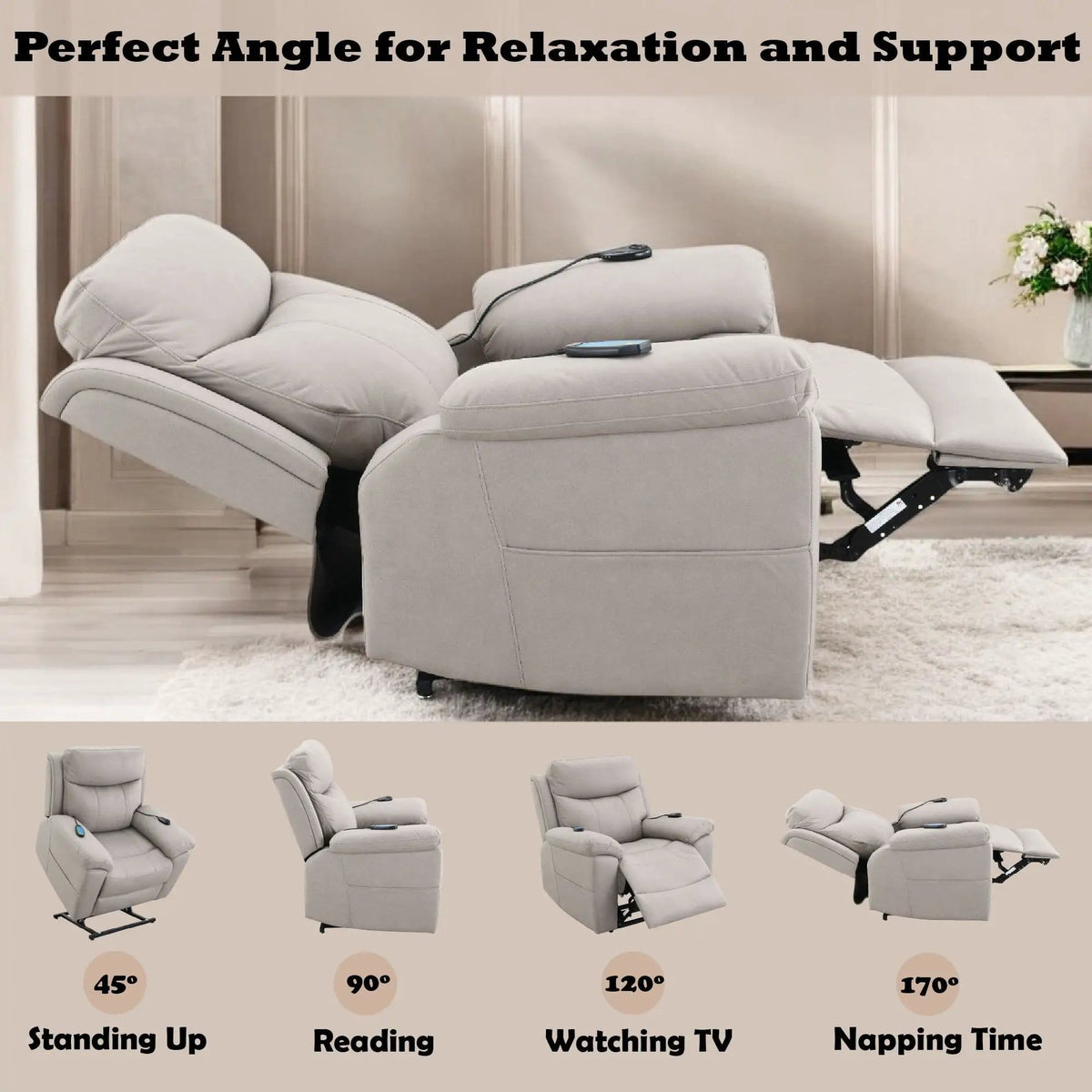 Chriki Power Motion Recliner With Lift Heating Massage Chair | 38 x 41 x 41 in | Living Room Furniture | Beige