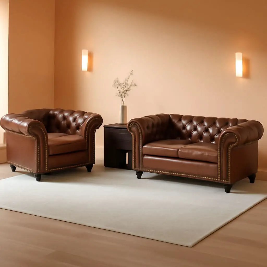 Two Piece Living Room Set Chesterfield Leather Sofa And Chair With Scroll Arms In Dark Brown from PriceLows™