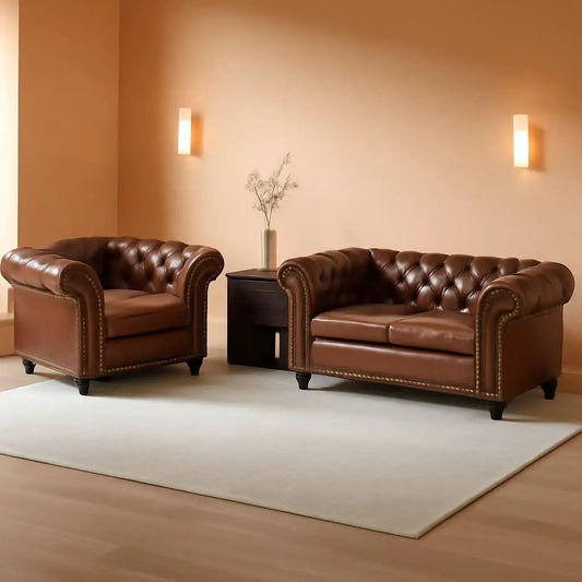 Two Piece Living Room Set Chesterfield Leather Sofa And Chair With Scroll Arms In Dark Brown from PriceLows™