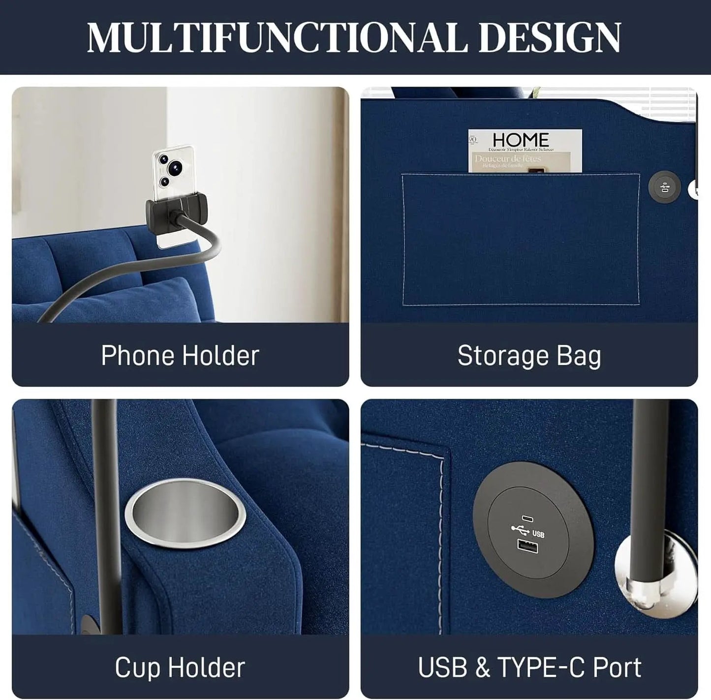 Blue Velvet SpaceSaving Convertible Sofa Chair USB from PriceLows™