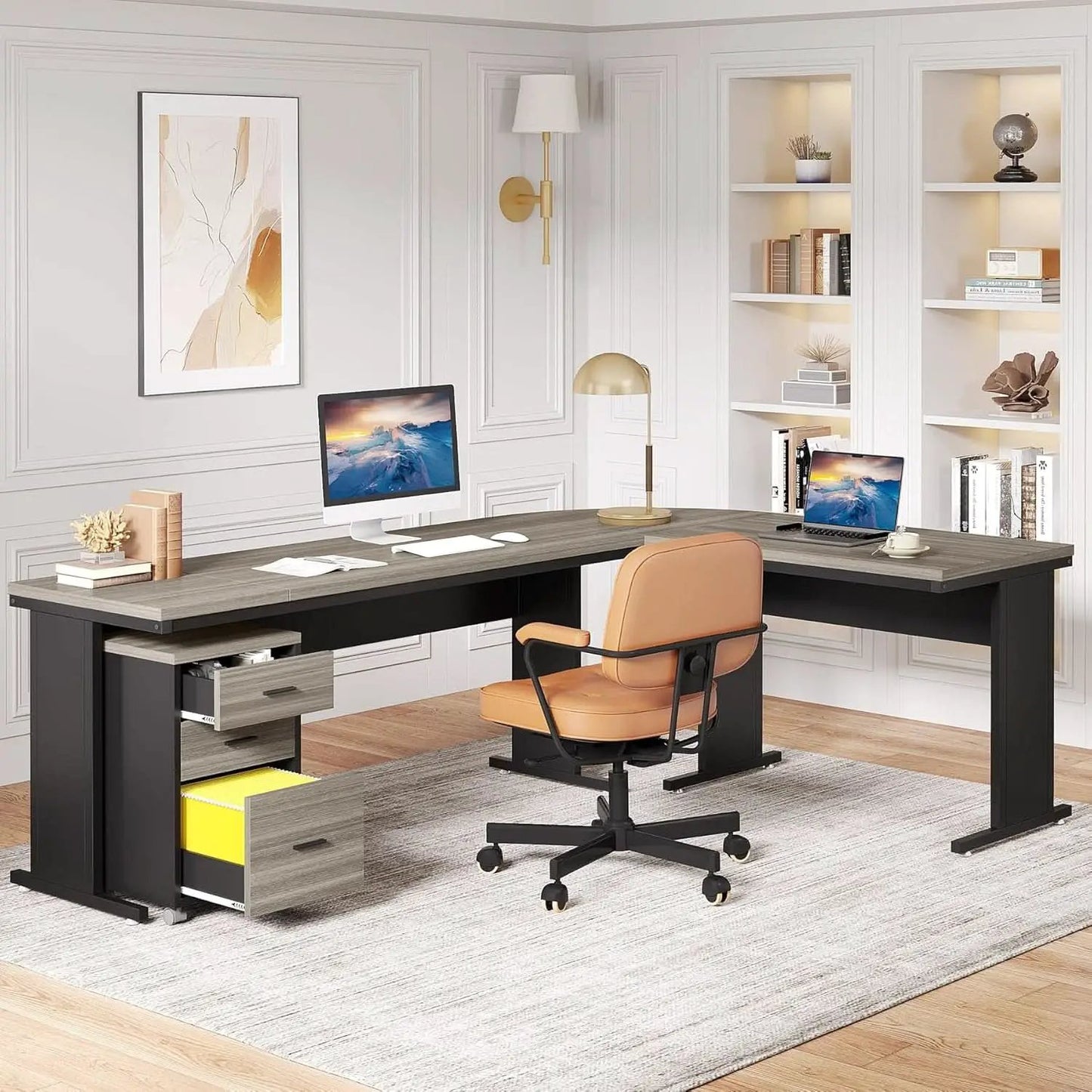 83 Inch L Shaped Desk With Gray Three Drawer File Cabinet from PriceLows™