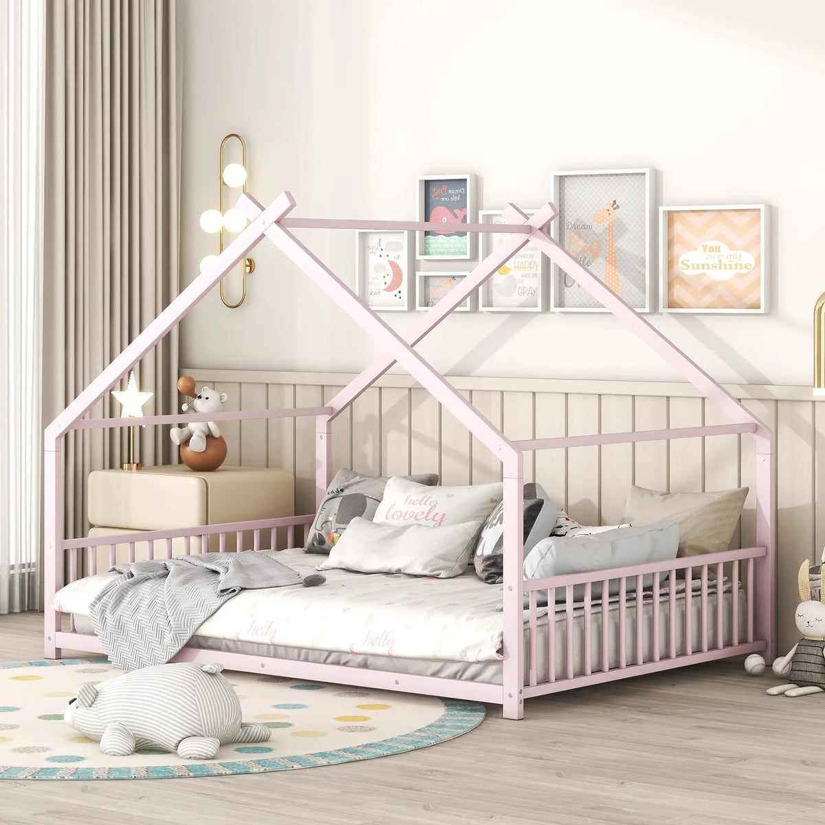 Metal House Bed | Roof Design | Semi-Enclosed Play Space | Contemporary Neutral Finish