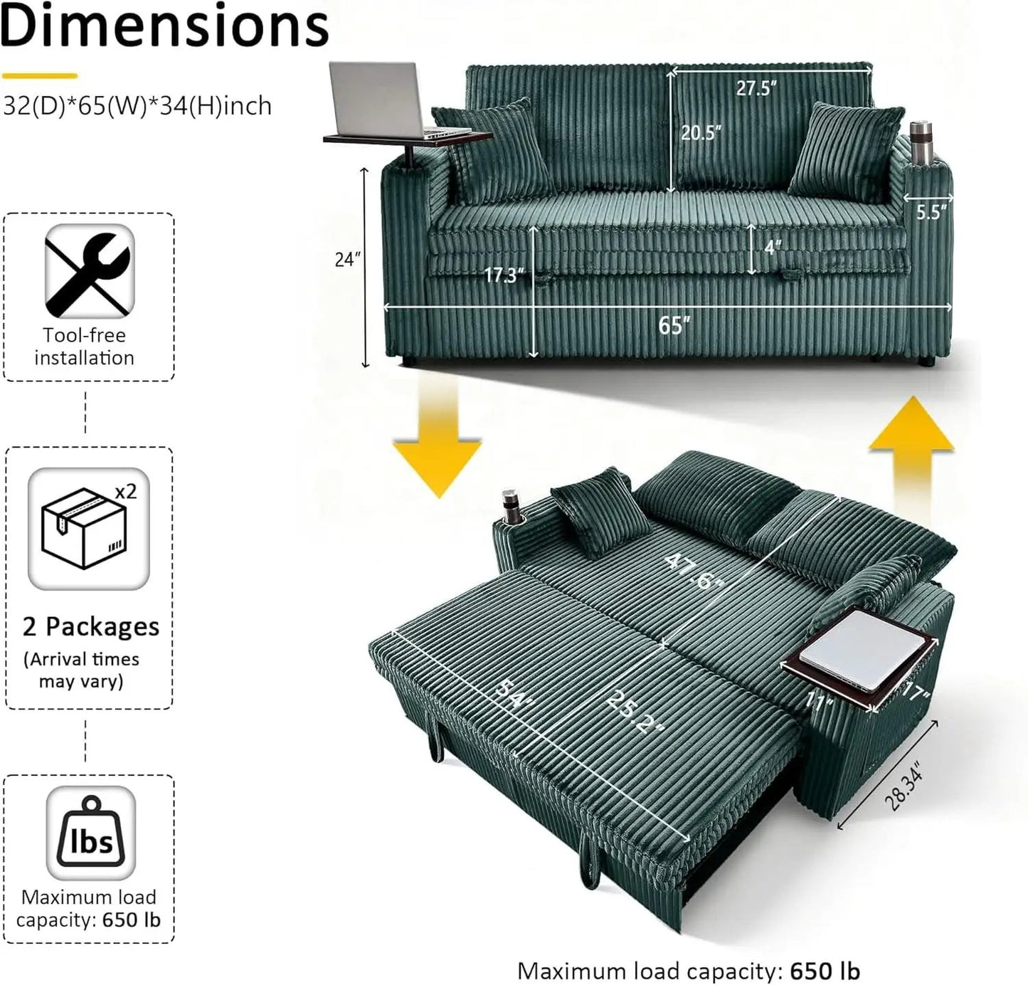 65Inch Sleeper Sofa Bed CorduroyFabric Emerald Green from PriceLows™