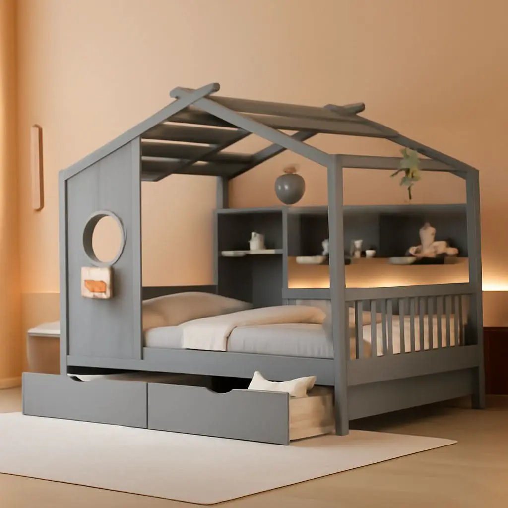 Kids Full Playhouse Bed With Drawers Shelves Storage from PriceLows™