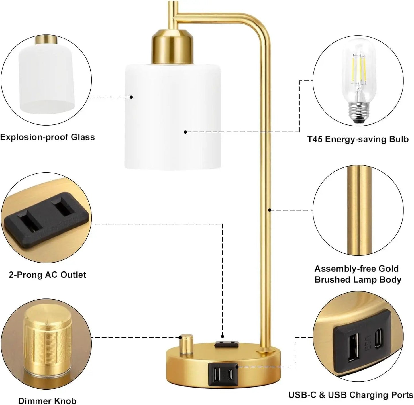 Industrial Table Lamps With USB Ports Dimmable Gold Shade from PriceLows™