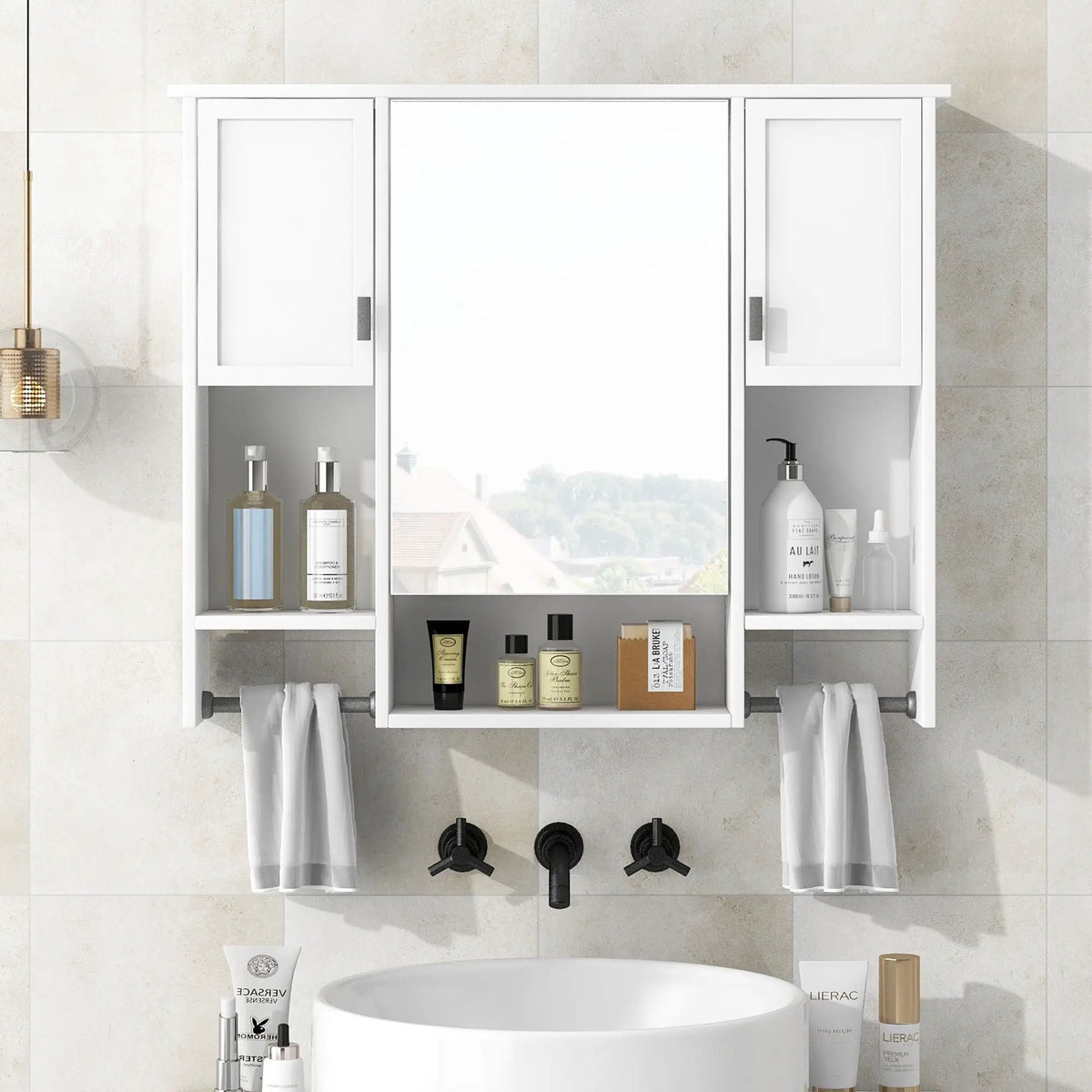 Wall Mounted Bathroom Cabinet With Mirror | Towel Bar | Closed Cabinets And Open Shelves | 35 Inch Width