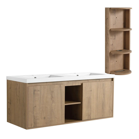 48" Wall Mounted Bathroom Vanity With Double Resin Sink And Storage Rack Soft Close | 47.6 x 18.3 x 20.5 in | Plywood & Resin | Oak