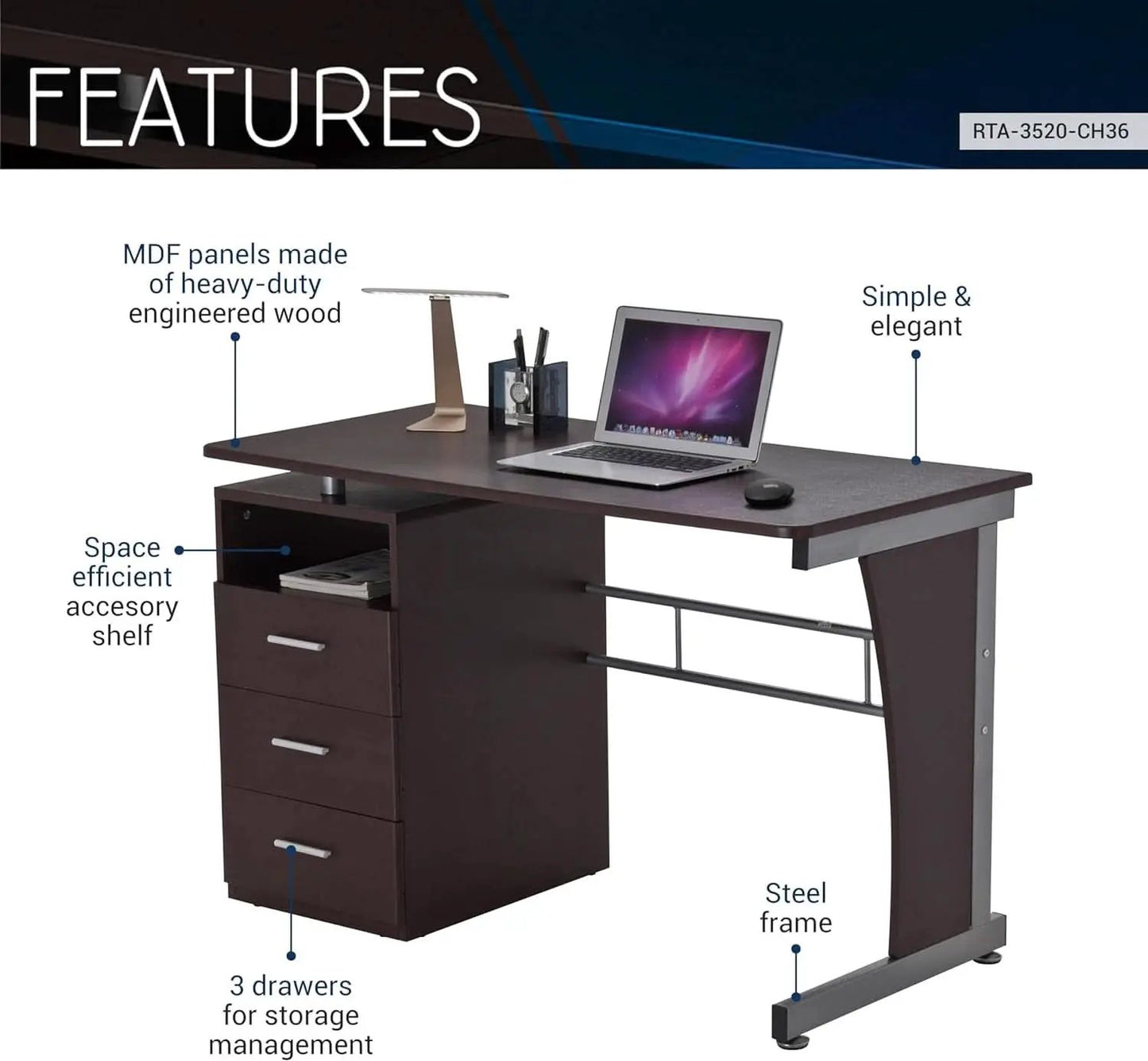 48 Inch Computer Desk with Drawers for Home Office from PriceLows™