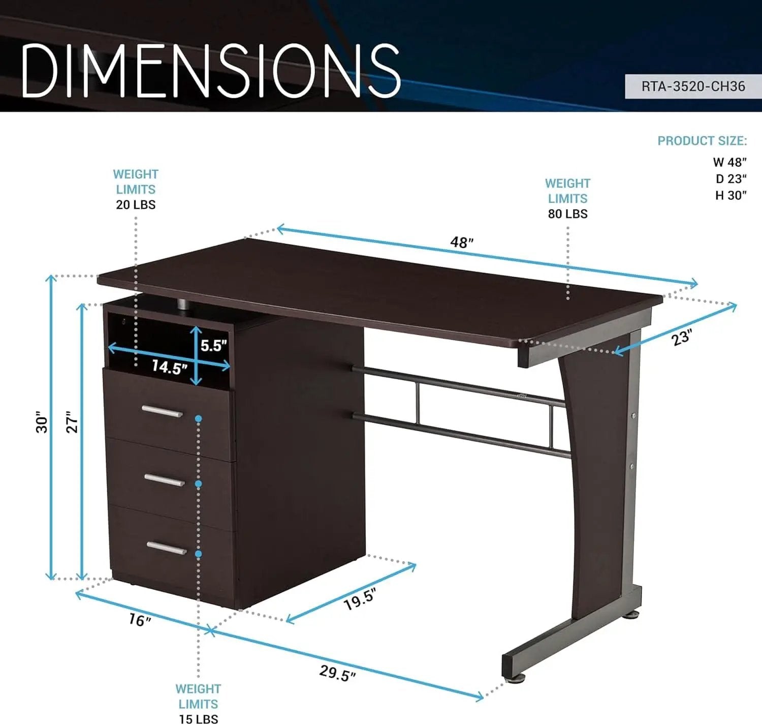48 Inch Computer Desk with Drawers for Home Office from PriceLows™