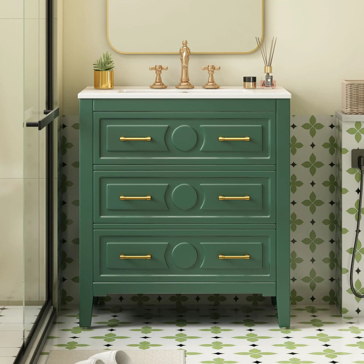 30 Inch Retro Bathroom Vanity | Free Standing Single Set | 3 Drawers | Solid Wood Frame