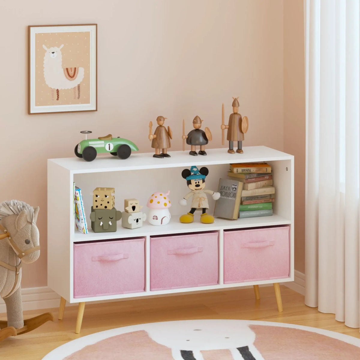 Bookcase With Collapsible Drawers | Three Fabric Drawers | Tip-Over Restraint | Book Display Organizer