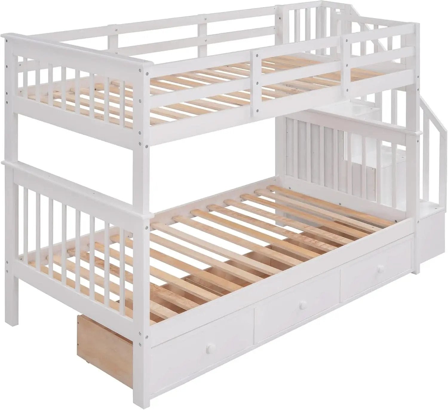 Twin Over Twin Bunk Bed With Stairs Guard Rail And Storage Drawers White from PriceLows™
