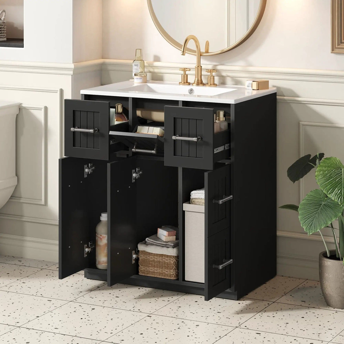 Bathroom Vanity With Undermount Sink, Soft-Close Doors, Drawers, Ceramic Sink | 30 x 18.4 x 33.8 in | Solid Wood & Metal | Bathroom