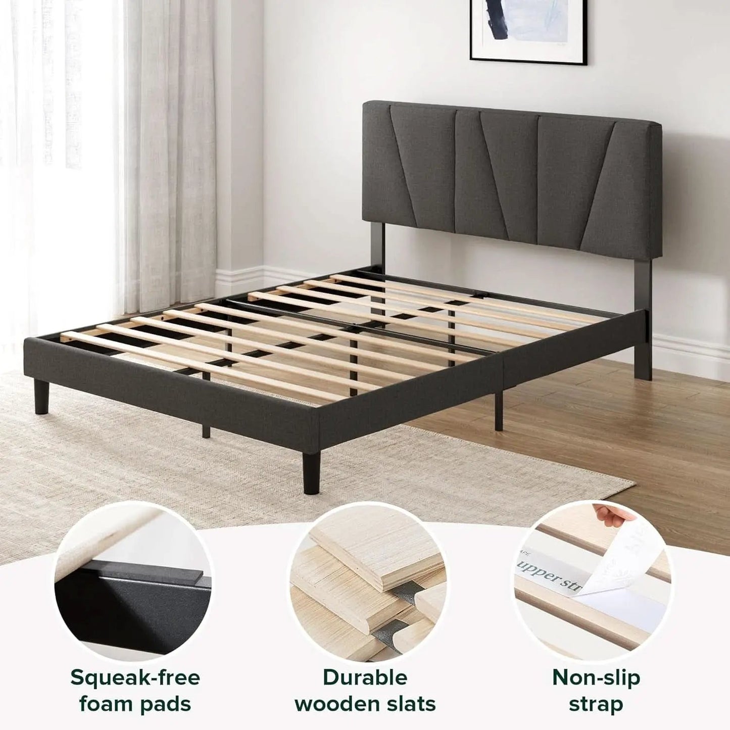 Queen Size Upholstered Bed Frame With Asymmetric Headboard from PriceLows™