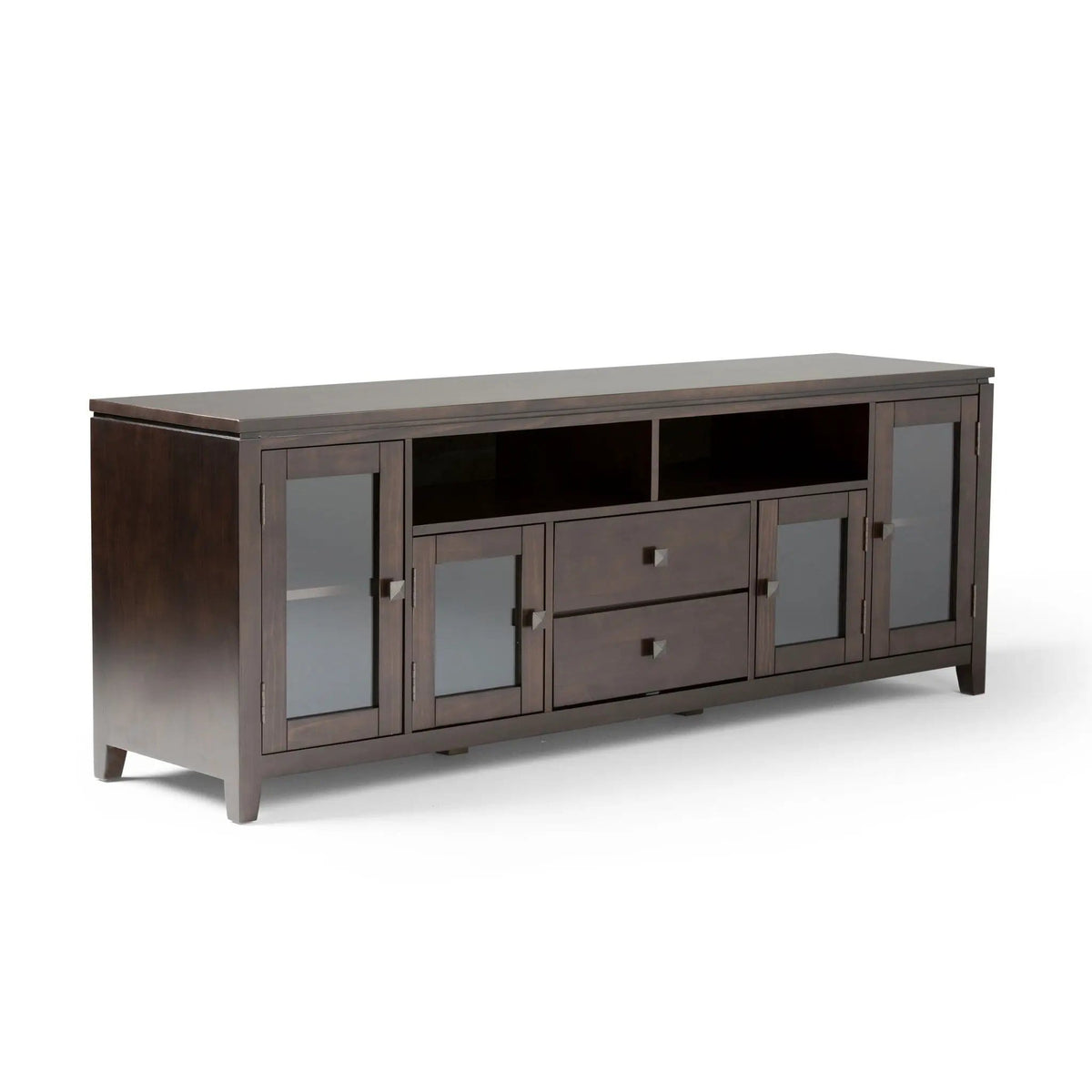 Cosmopolitan Wide TV Media Stand | 72 x 17.5 x 26 in | Solid Wood & Tempered Glass | Mahogany Brown