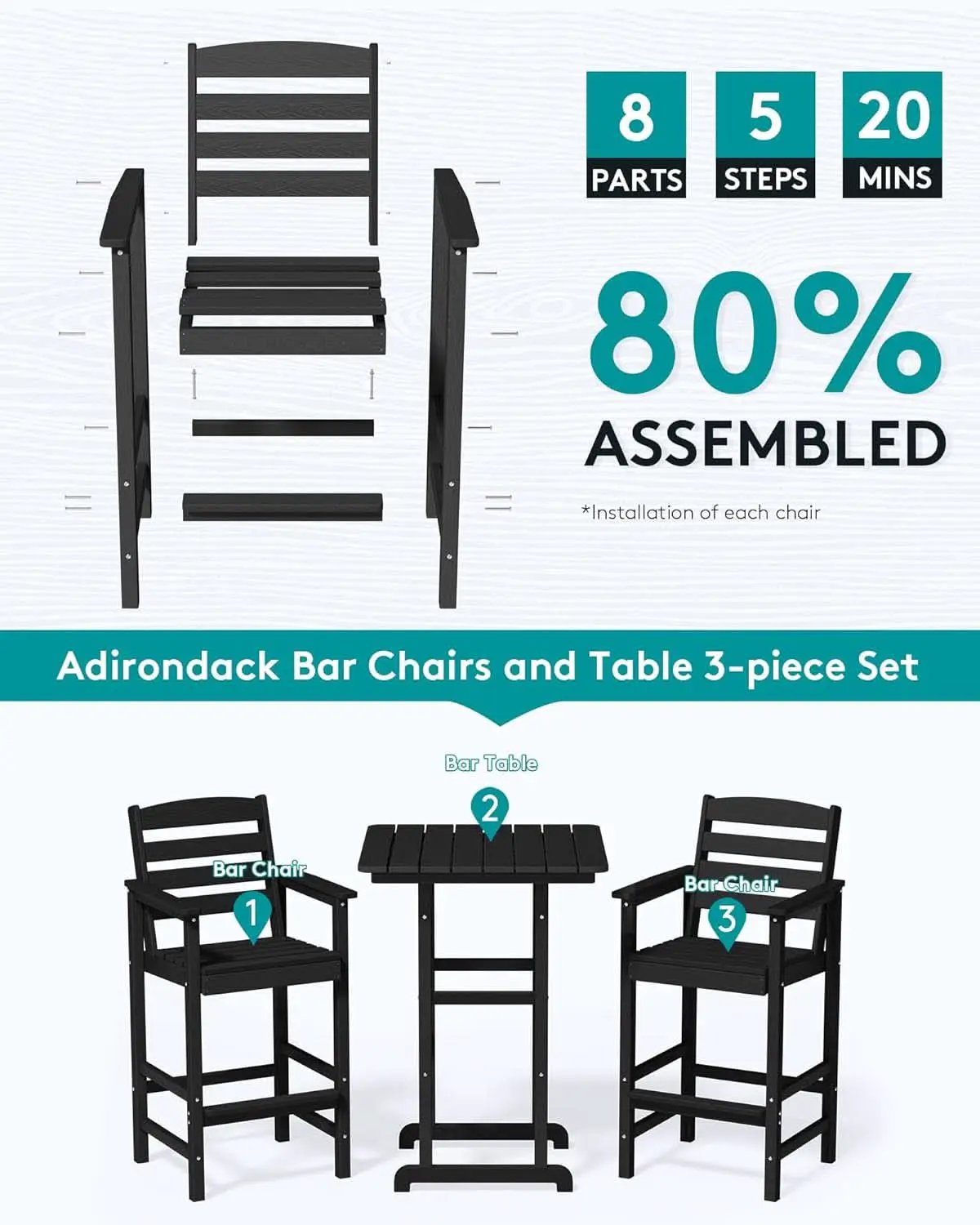Black Balcony Adirondack Bar Chair Set With Table 3 Piece from PriceLows™